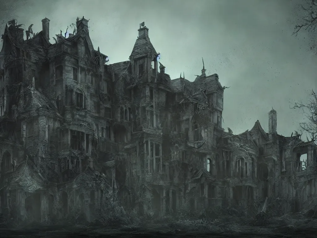 Prompt: a haunting matte painting of a disturbing dilapidated scary mansion with eerie glowing windows at the edge of world, concept art, illustration, trending on artstation,
