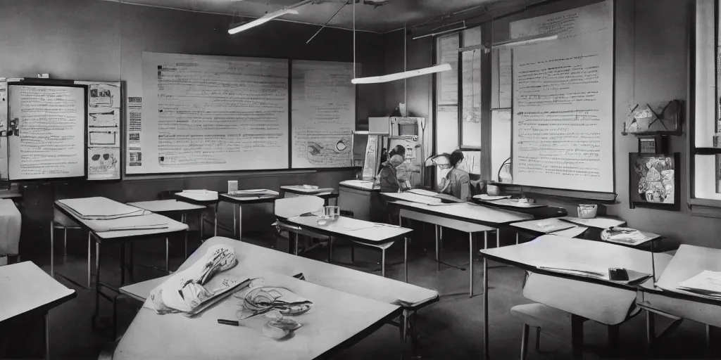 Prompt: detailed sharp photograph in the style of popular science circa 1 9 5 5 and gregory crewdson of a 1 9 5 0 s classroom