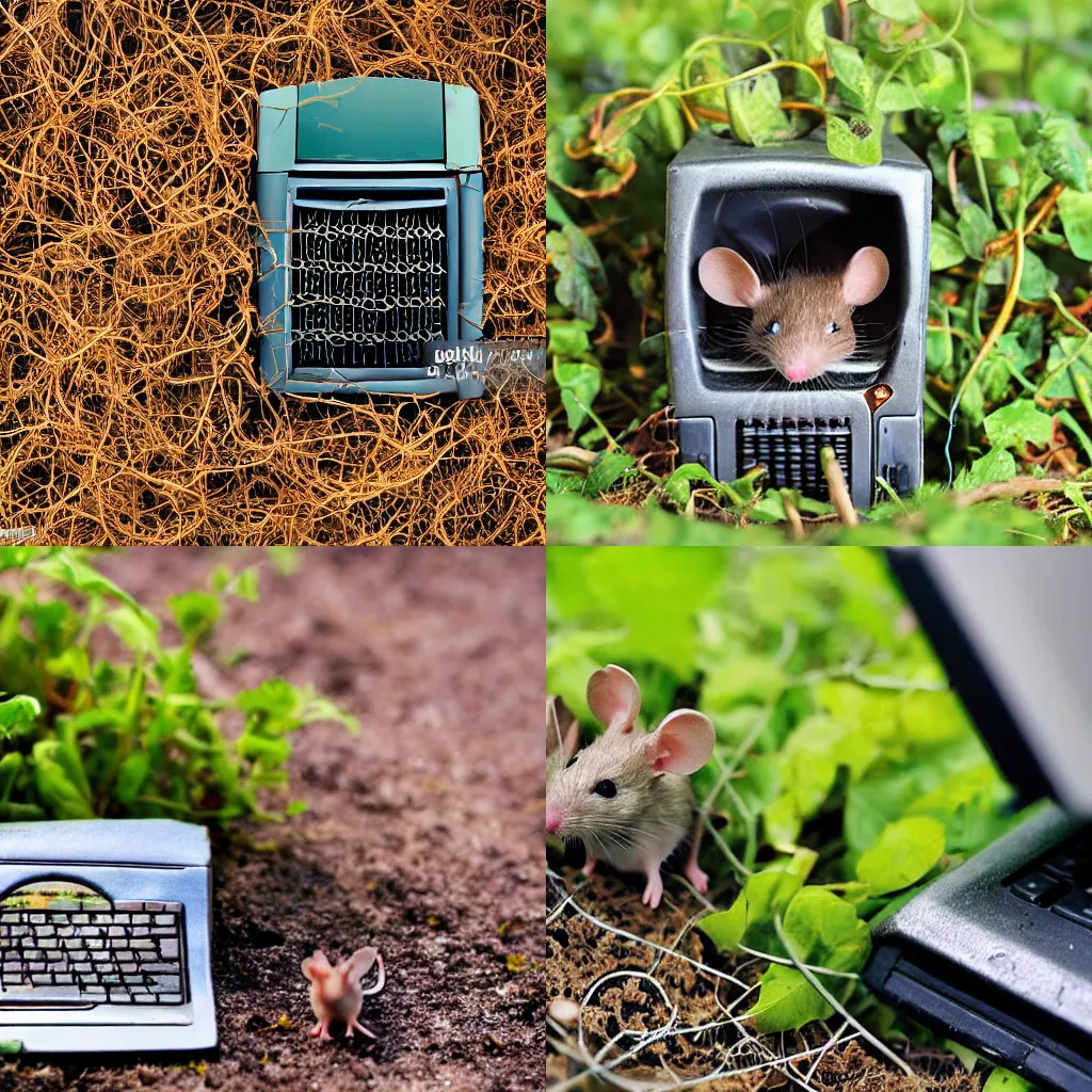 Prompt: tiny mice living inside a discarded computer, vintage, outside on the ground, vines overflowing, rusty