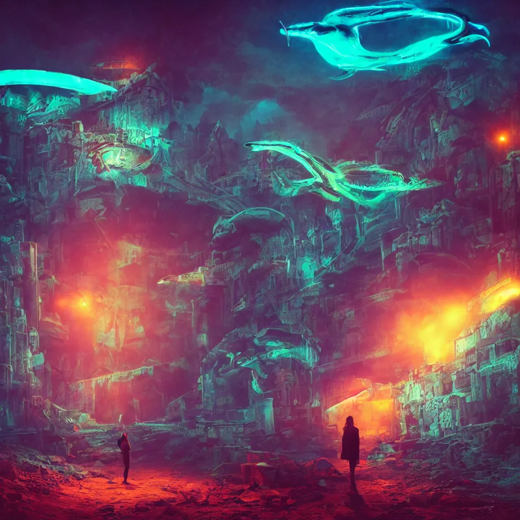 Prompt: explorer wandering through the ruins of an ancient city while neon lights show the outline of a leviathan in the skies above