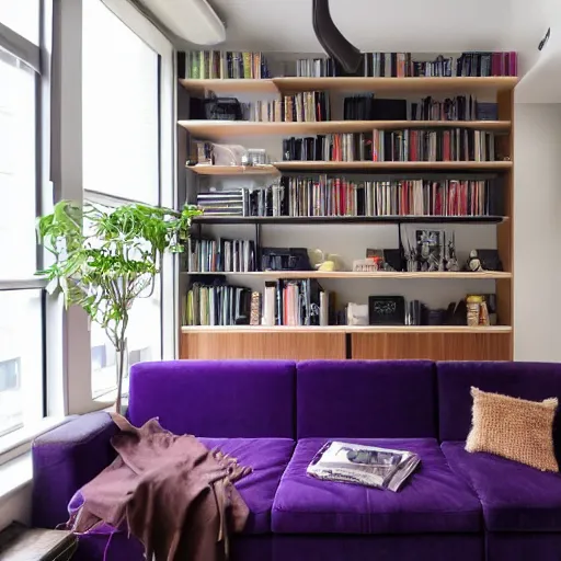Prompt: award winning interior design city apartment, cozy, fabrics and textiles, deep purple accent color, book shelf, couch, desk, balcony door, plants, photograph magazine, wide angle