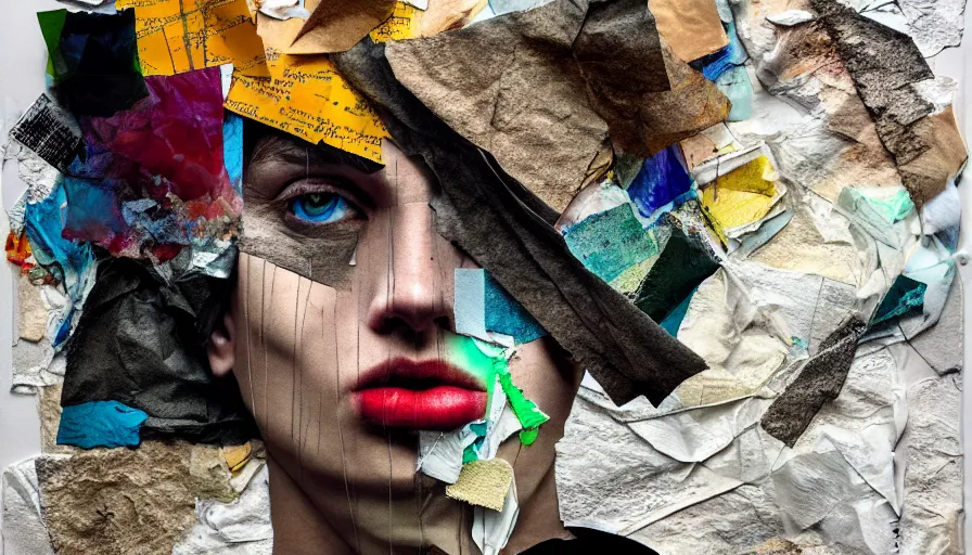 Prompt: rendered in blender trash bag on his head and crumpled paper as a texture, slit - scan photography, collage paper and tape, acrylic on canvas, hyperrealism mixed with expressionism, high resolution, cinematic, unreal 6, breathtaking detailed, by blake neubert