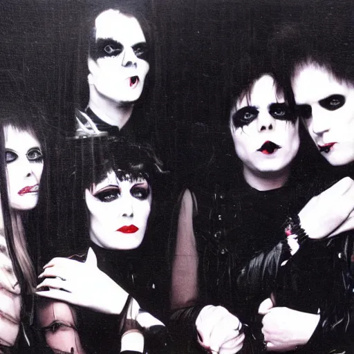 Prompt: 1 9 8 0 s goth band promo photo, fine detailed, photorealistic, portrait