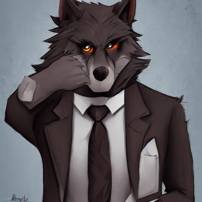 Prompt: a handsome werewolf boyfriend in a dapper suit, furry art, trending on artstation, by michaelangelo, 8 k