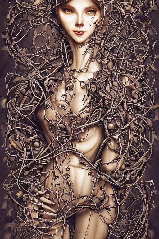 Image similar to gorgeous biomechanical cyborg women being torn apart by vines, by dang my linh