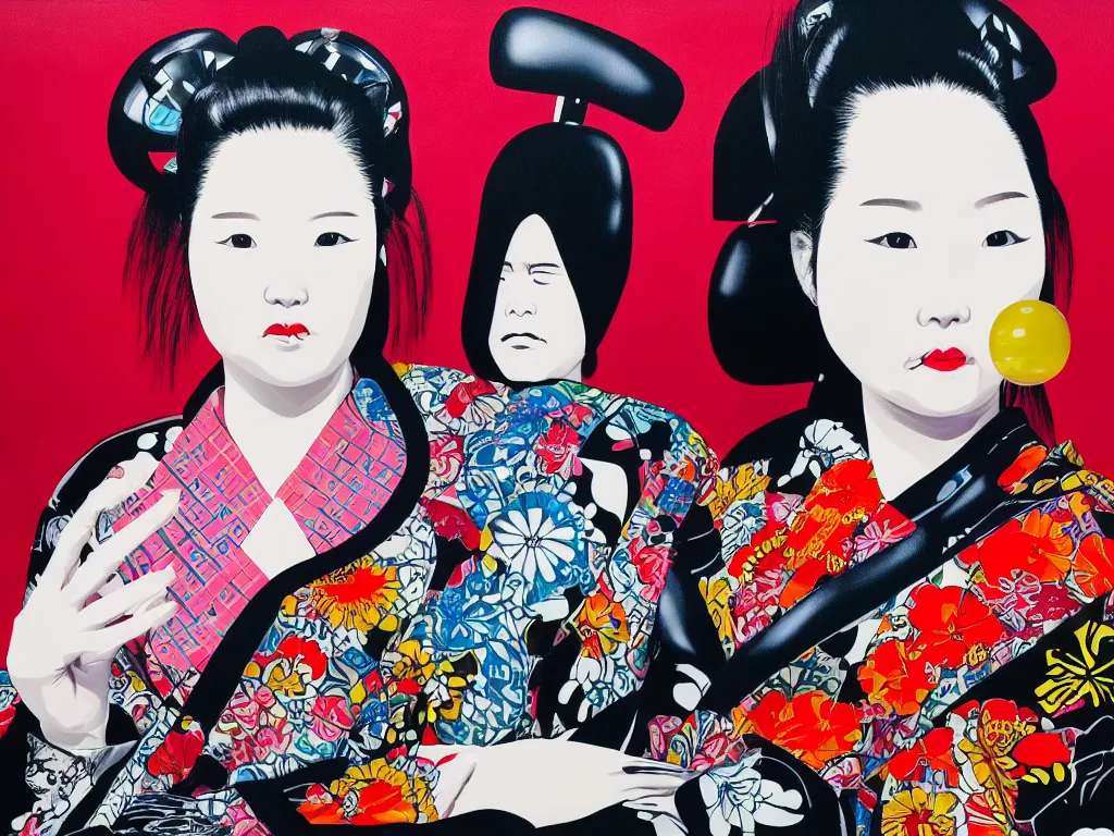 Prompt: hyperrealism composition of the detailed woman in a japanese kimono sitting at an extremely detailed poker table with darth vader, terminator, fireworks on the background, pop - art style, jacky tsai style, andy warhol style, acrylic on canvas