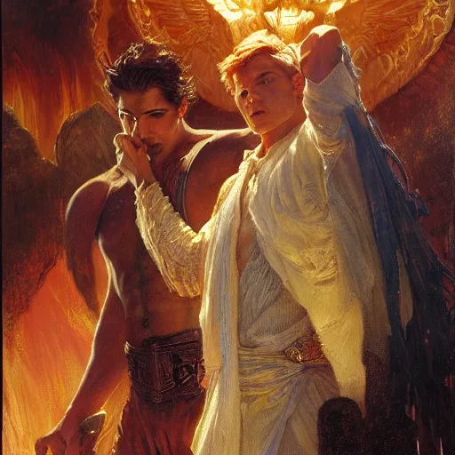 Image similar to attractive male deity casts dark spell, summons attractive male lucifer morningstar. highly detailed painting by gaston bussiere, craig mullins, j. c. leyendecker 8 k