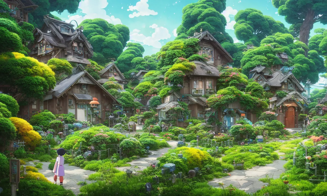 STUDIO GHIBLI, flowery cottage, in an eco city, solar,, Stable Diffusion