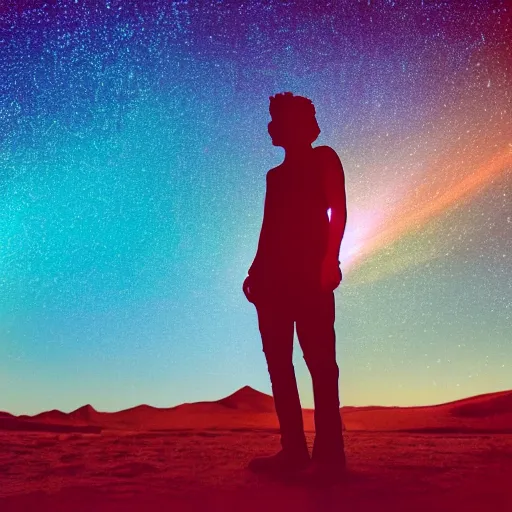 Image similar to a photo of a silhouette of a person in a color lit desert at night