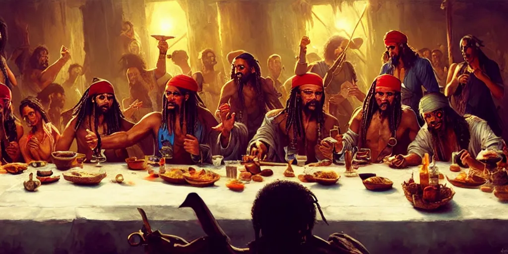 Image similar to pirate of the carribean last supper by greg rutkowski, digital painting, trending on artstation, sharp focus, 4 k