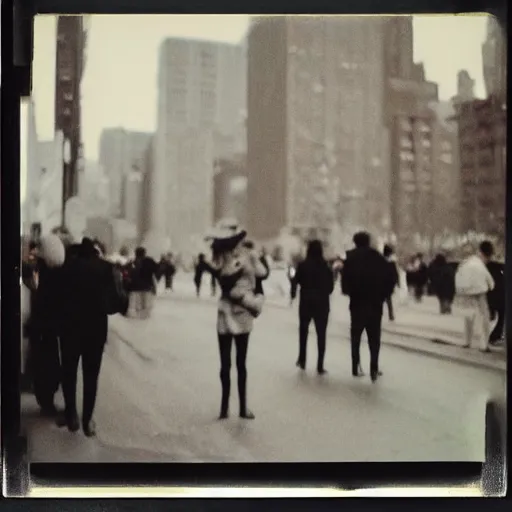 Prompt: wide-shot low-angle photo of empty!!! animated walking ghostly people (((heads))) at the street in New York, polaroid photo, by Andy Warhol, signed