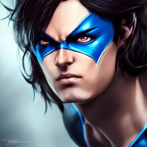 Prompt: emaa radacuuna as nightwing, realistic, intricate, elegant, art by artgerm and wlop