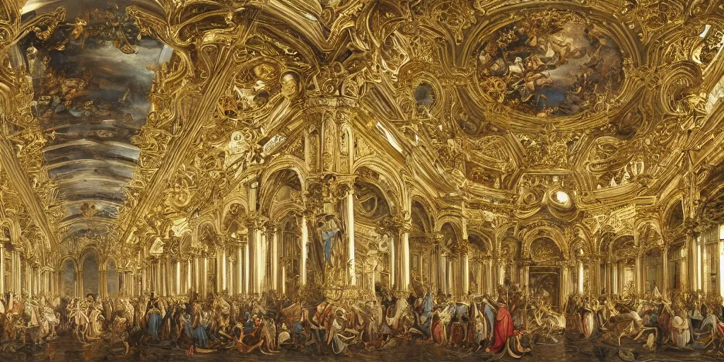 Image similar to beautiful ornate heavenly marble and gold rococo megastructure in the style of heironymus bosch, light intricate masterpiece, hyper detailed, hd