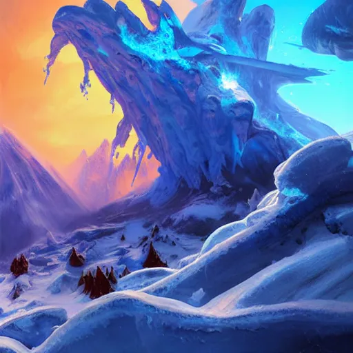 Image similar to blue glacier volcano eruption, blue glacier volcano eruption, blue liquid and snow, blue glacier volcano eruption, snow dust everywhere, snow battlefield, ice cold blue theme, bright masterpiece artstation. 8 k, sharp high quality artwork in style of jose daniel cabrera pena and greg rutkowski, concept art by tooth wu, blizzard warcraft artwork, hearthstone card game artwork