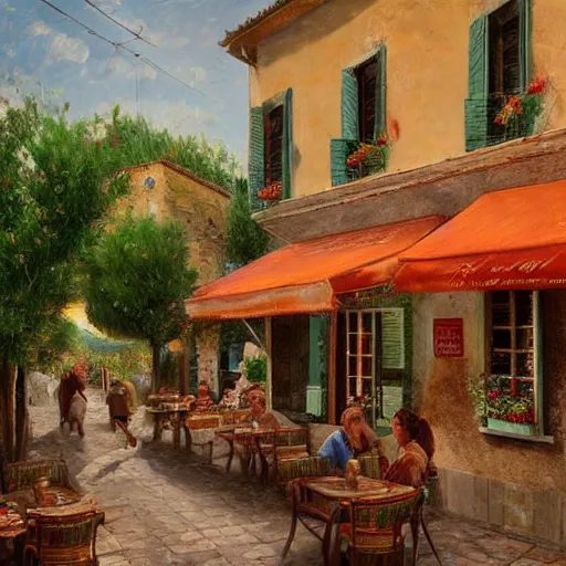 Prompt: a traditional pizzeria in the street of a small village on the riviera. a terrace in the shade of a hundred - year - old olive tree, a friendly atmosphere around pizzas and rose wine. dolce vita. unreal engine rendering, hyper realist, ultra detailed, oil painting, warm colors, happy, impressionism, da vinci,