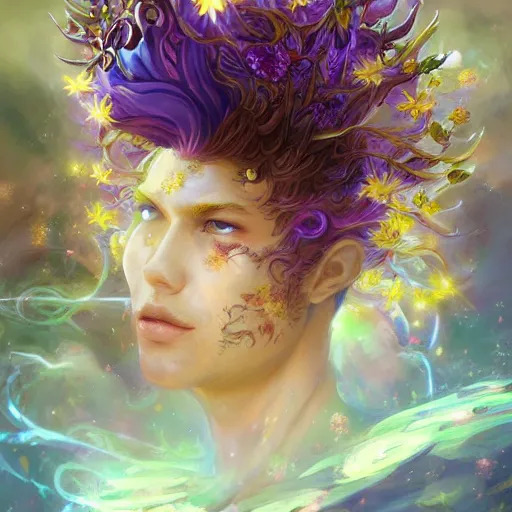 Prompt: a metaphysical flower king, mystical cosmic messenger, 4 k digital illustration by artgerm, wlop, james jean, andrei riabovitchev, marc simonetti, yoshitaka amano, artstation, cgsociety