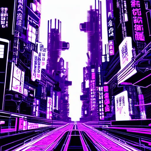 Image similar to Cyberpunk neon Tokyo skyline in style of Tsutomu Nihei in purple and black tones. Cyberpunk, vertical symmetry, 8K, Highly Detailed, Intricate.