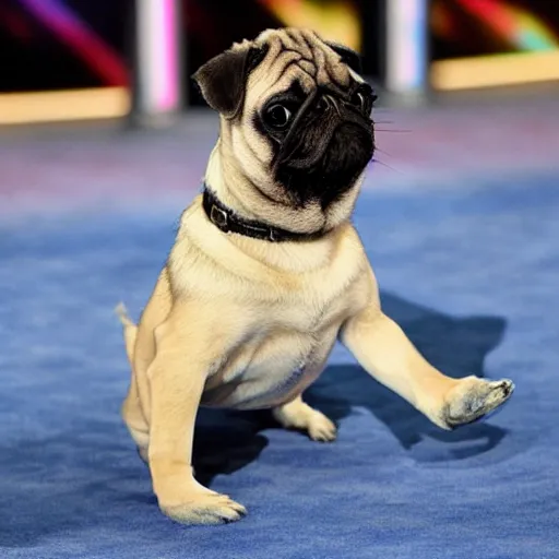 Prompt: Pug on America’s Got Talent, dancing