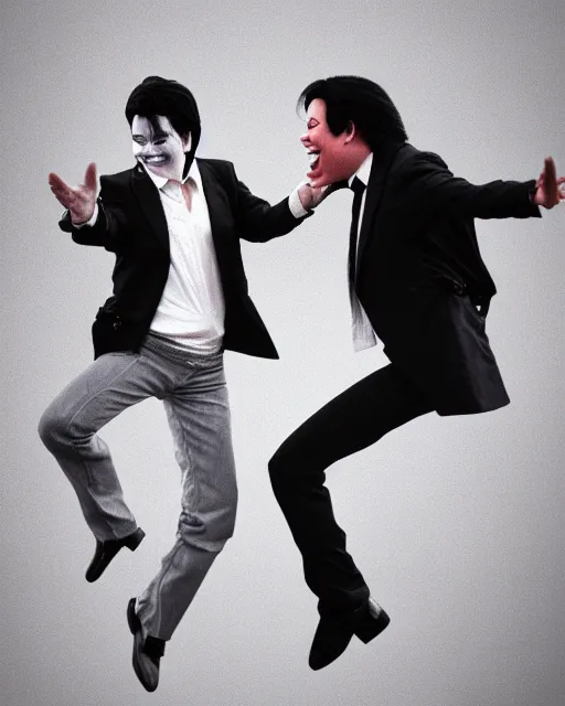 Prompt: Michael Jackson & Michael Mcintyre dancing in front of a crowd,real life skin, intricate, elegant, highly detailed, artstation, concept art, smooth, sharp, photo