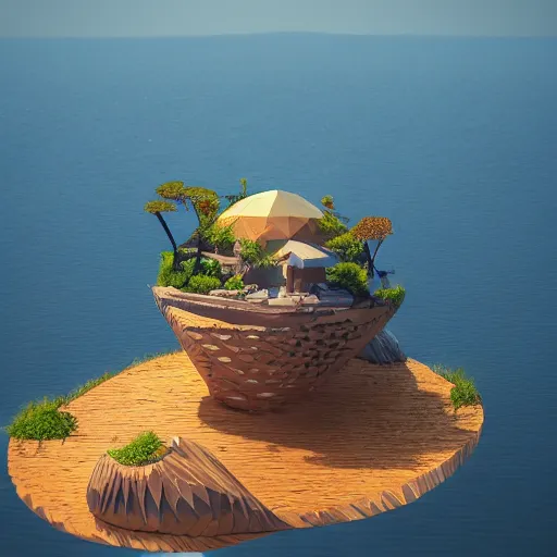 Image similar to a floating island with lake sorapis landscape isometric art, low poly art, game art, artstation, 3D render, high detail, cgsociety, octane render, sharp focus