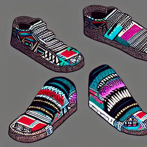 Image similar to sneaker design, aztec mayan street fashion native punk shoe design, hip hop sneaker design with subtle mayan patterns, gapmoe yandere grimdark, trending on pixiv fanbox, painted by greg rutkowski makoto shinkai takashi takeuchi studio ghibli, akihiko yoshida