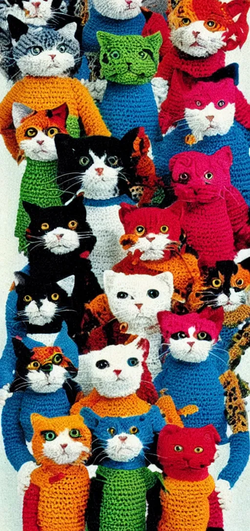 Prompt: multicolored crocheted cyborg cats, 1 9 8 0 s catalogue photo