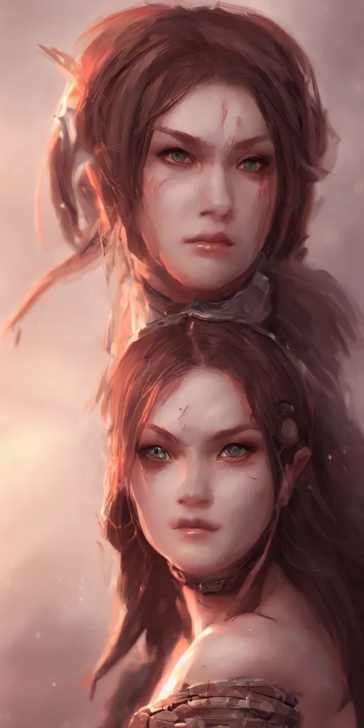 Prompt: head and shoulders focus portrait of a barbarian female high quality focus by wlop and rossdraws