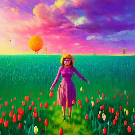 Image similar to large tulip face, girl standing in a flower field, surreal photography, sunrise dramatic light, impressionist painting, colorful clouds, digital painting, artstation, simon stalenhag