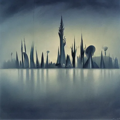 Image similar to by yves tanguy, by thomas w schaller doom. a beautiful land art of a cityscape with tall spires & delicate bridges.