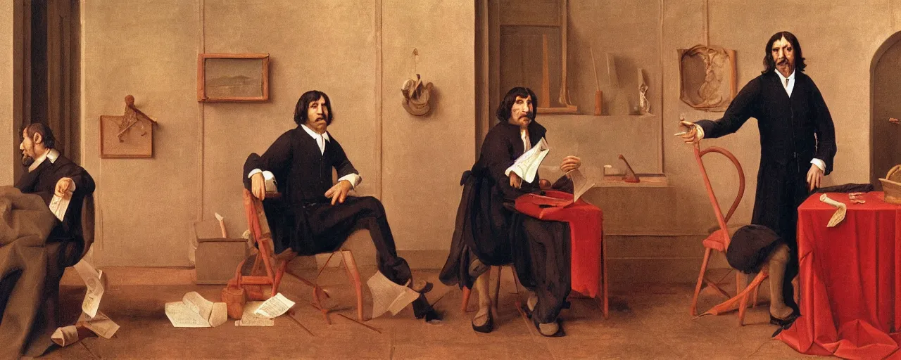 Image similar to rene descartes discussing philosophy with spaghetti, 1 5 0 0 s, kodachrome, in the style of wes anderson, retro