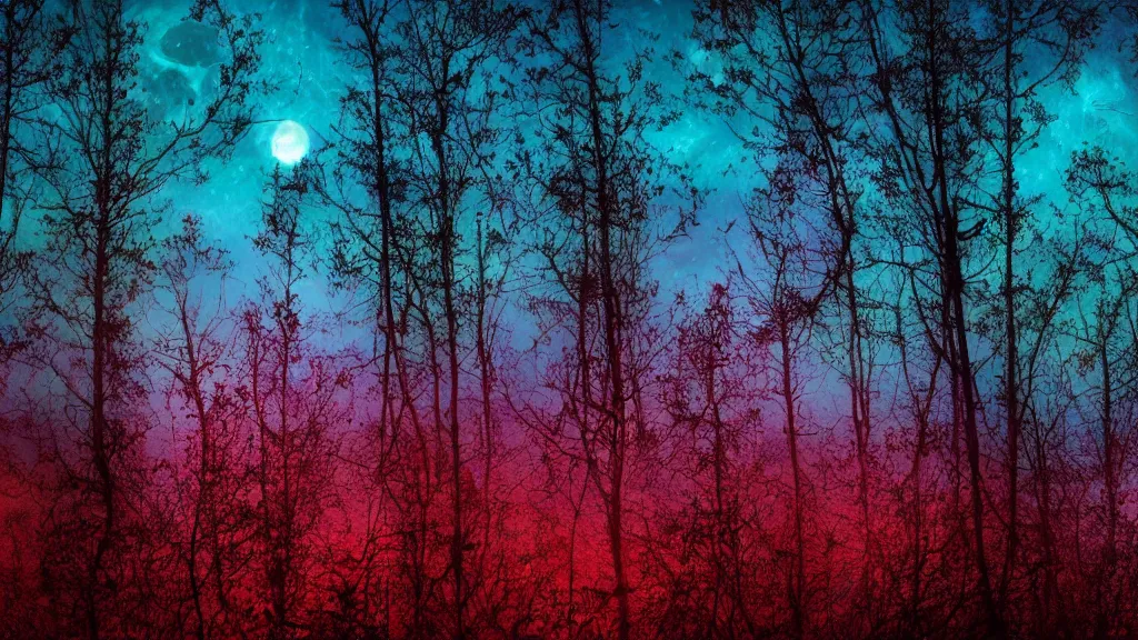 Image similar to (((psychedelic))) 8k ultra realistic night time photography of a mystical cosmic night sky with red smoke and a perfect huge full moon, A glimpse through a small gap in the dark green foliage and overgrowth and the trees of the huge gibbous full moon over water in a dark sky. wreathed in red smoke!!!, starlight, night-time, dark enclosed, cozy, quiet forest night scene, spangled, cosmic