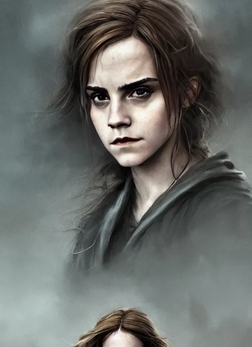 Prompt: emma watson as hermione granger. dark colors. menacing. haunting. frightening. trending on artstation. award winning. artgem. greg rutkowski. beksinski. extremely detailed. 4 k.