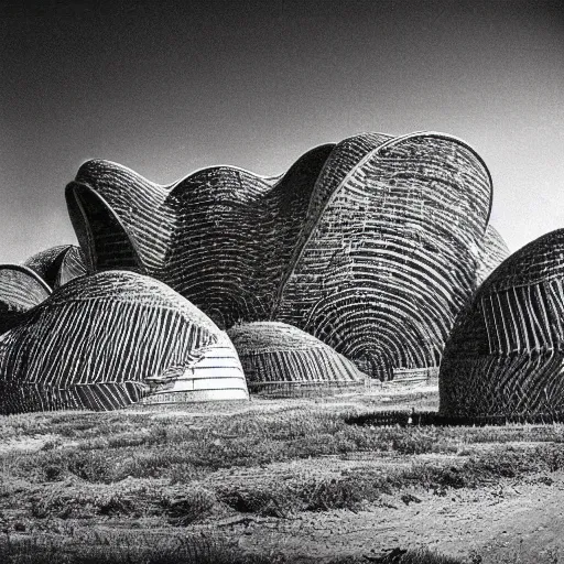 Image similar to old photograph from a strange alien city, organic buildings