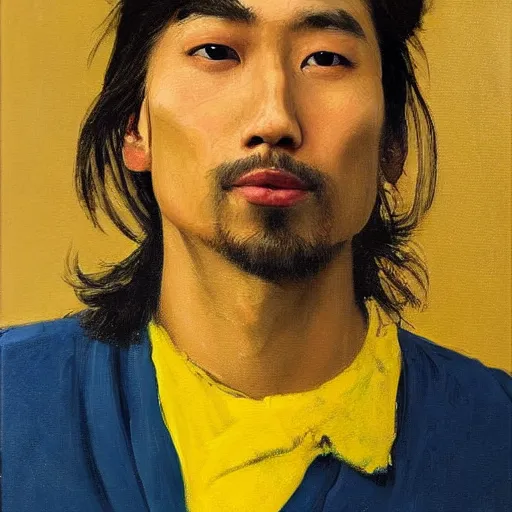 Prompt: detailed oil painting, beautiful asian man with long hair, beautiful face, yellow background, medium portrait, by ferenc pinter