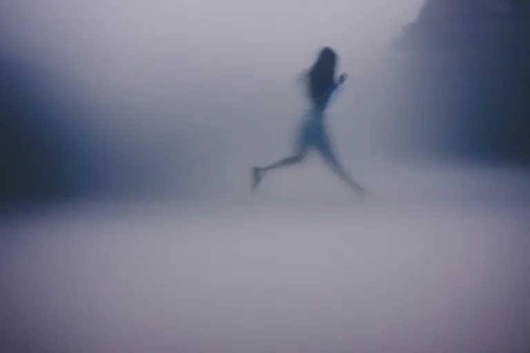 Image similar to film photography, straight colors, minimalism, woman silhouette running in the blue fog with low shutter speed, 35mm, motion blur