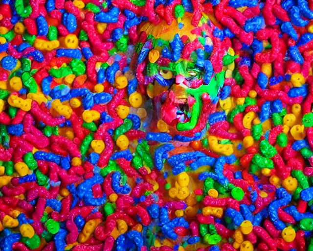 Prompt: a giant sculpture made out of thousands of gummy bears in a human head shape, on the surface of the ocean, in the style of chad knight, long shot, hyper detailed, hyper realistic, ray tracing, 8 k resolution, sharp focus, realistic water, award winning sculpture