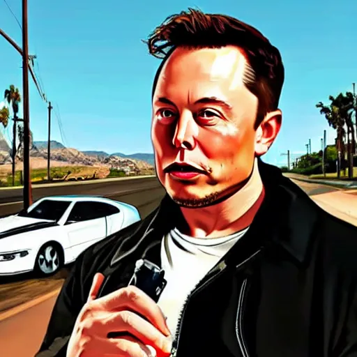 Image similar to elon musk in gta v, cover art by stephen bliss, boxart, loading screen