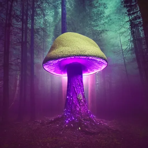 Prompt: photo of a big magic mushroom in a dark forest glade, purple blue night sky, glowing cosmic dust, magic fog, stars