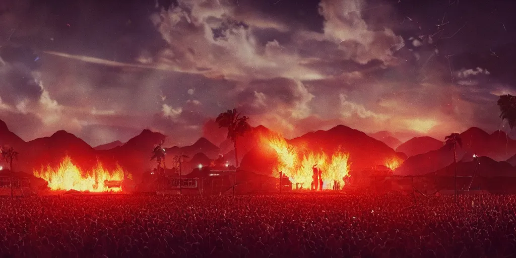 Image similar to realistic cinematic views of a Orwellian Coachella with fires in the background and dead animals falling from the sky in front of the main stage, hyper detailed, hyper realistic, digital painting, 8k, 35mm film grain, octane render