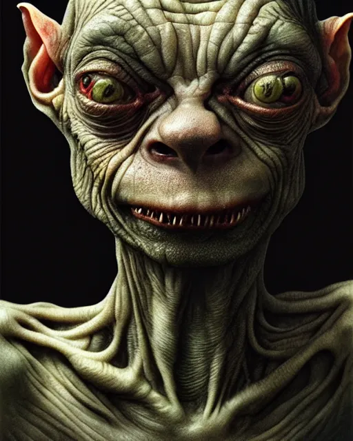 Image similar to gollum smeagol grotesque, ultra detailed, ultra realistic, by beksinski, alejandro jodorowsky, giger, greg rutkowski, carne griffith trending on artstation, deviantart, photorealism