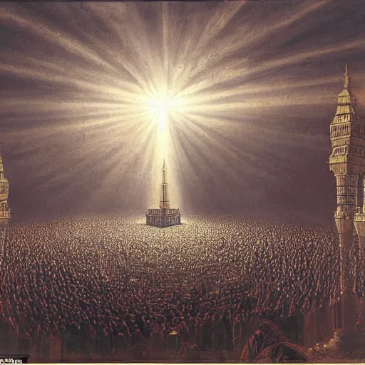 Prompt: painting of mecca on hajj day, highly detailed, volumetric lighting, god rays, by gustave dore and john collier