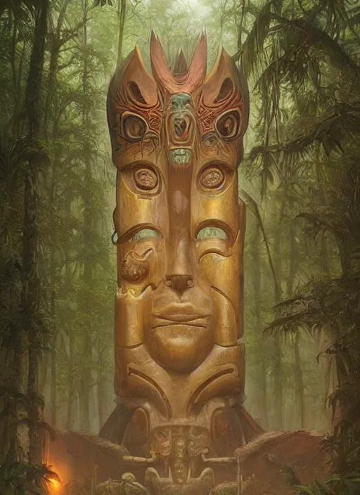 Prompt: a totem in the jungle surrounded by mist, swith faces of ancestors in the mask wearing tribal masks, hyper detailed, art by christophe vacher