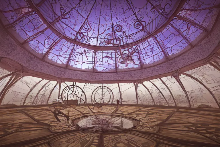 Image similar to symmetrical cinematic, jellyfish victorian pavilion dome, latex rave, steampunk, art deco, burning man, octane render, architecture