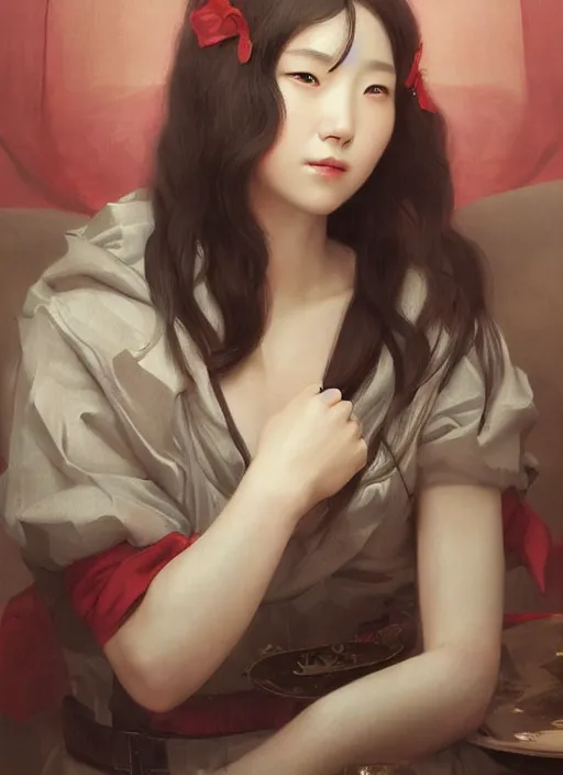 Prompt: portrait of Korean IU in a luxurious hotel from Hotel del Luna, digital painting, concept art, smooth, sharp focus, illustration, from Metal Gear, by Ruan Jia and Mandy Jurgens and William-Adolphe Bouguereau, Artgerm