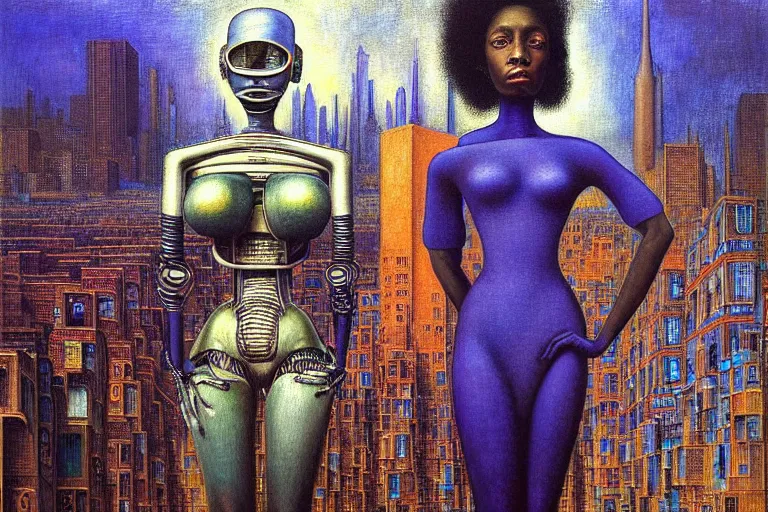 Image similar to realistic extremely detailed portrait painting of a beautiful black woman with in a dress a robot, city street on background by Jean Delville, Amano, Yves Tanguy, Ilya Repin, William Holman Hunt, Ernst Haeckel, Edward Robert Hughes, Roger Dean, rich moody colours