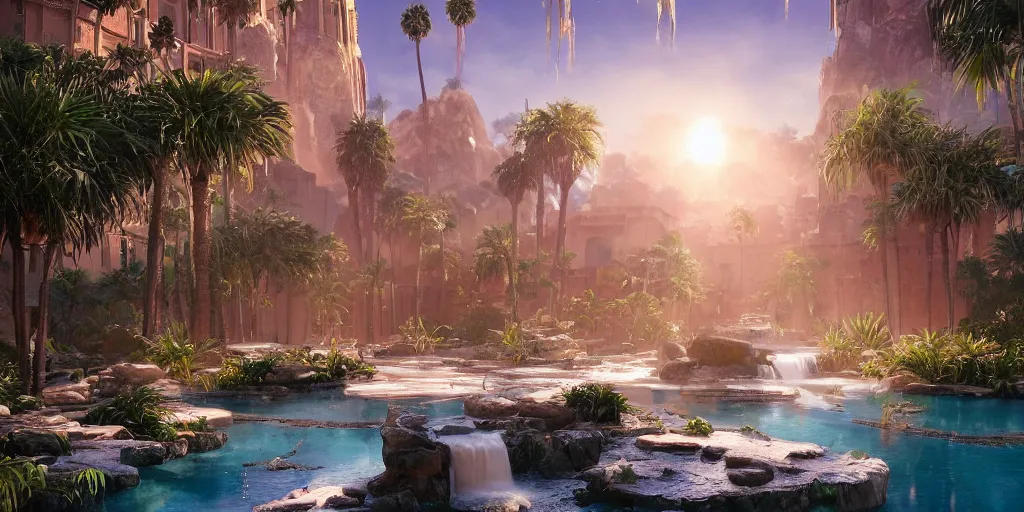 Prompt: beautiful oasis waterfalls surrounded by palm trees, moroccan tile archways, date trees, ivory towers, sun setting, ross tran, nephilim, pyroclastic flow, ethereal, fantasy, james jean, oozium, peter morbacher angelarium alchemy luxury heavenly light soft illumination, trending on artstation, cinematic lighting, digital painting, octane render, artgerm