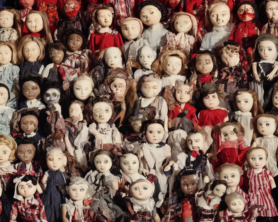 Image similar to a horror movie poster featuring a school full of ceramic dolls