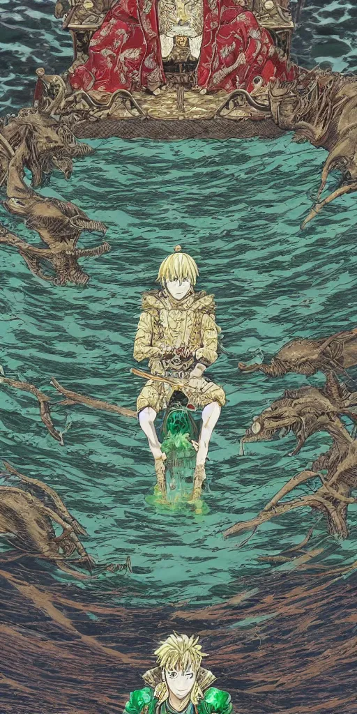 Image similar to a lone emperor sitting on a emerald throne floating on water in the middle of a lake drawn by Makoto Yukimura in the style of Vinland saga anime, full color, detailed, psychedelic, Authority, structure, a father figure