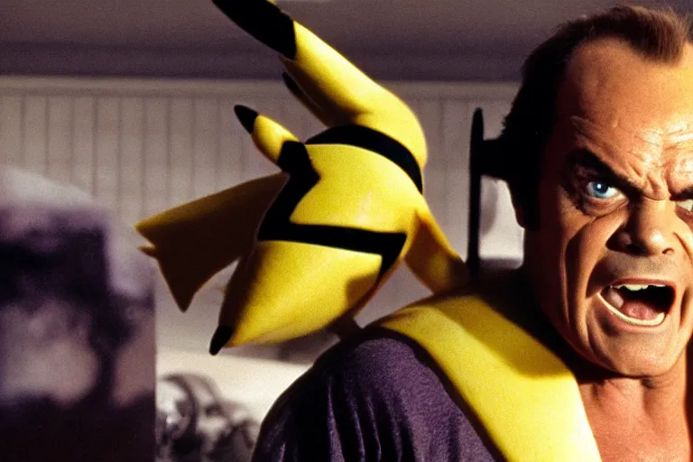 Image similar to Jack Nicholson plays Pikachu Terminator, scene where his inner exoskeleton is visible and his eye glows red, still from the film