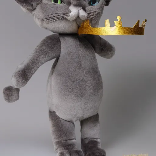 Image similar to gray anthropomorphic, cat female with a whit and chest, wearing a golden crown, big blue eyes, plushy